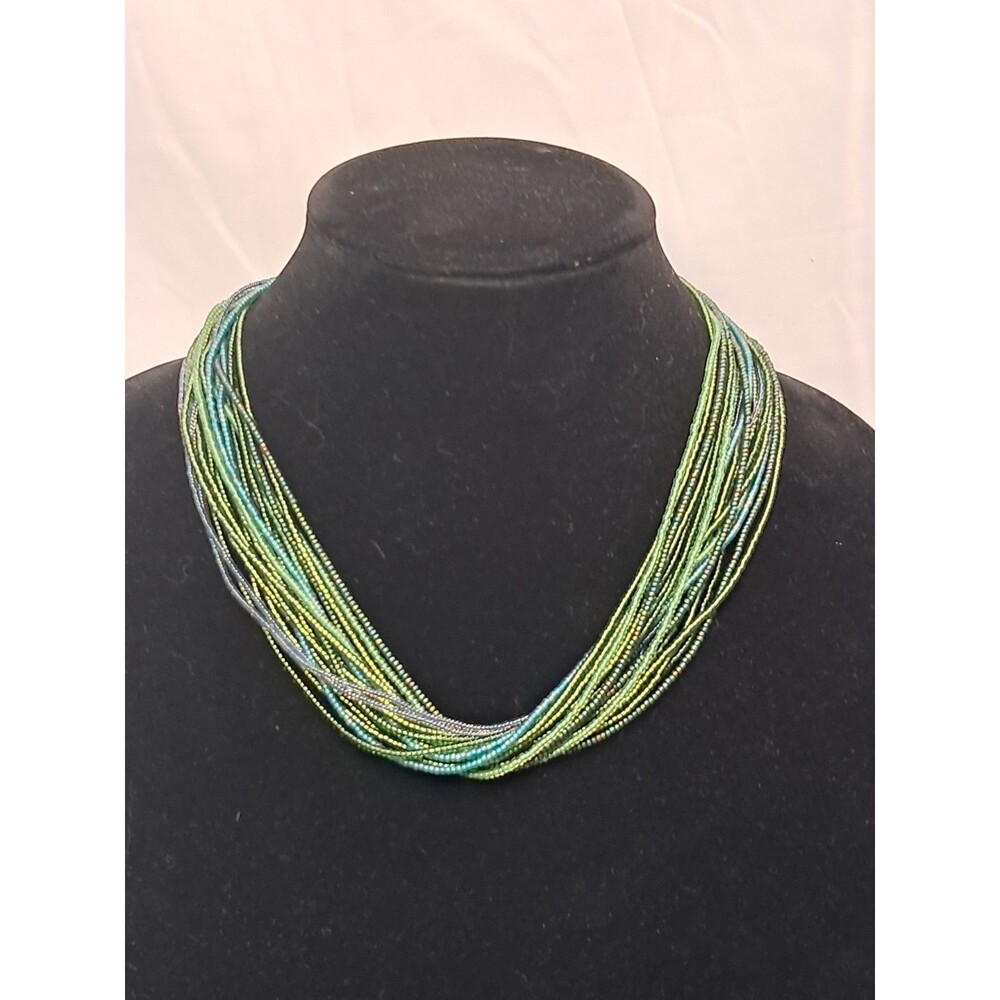 NWT Peyote Bird Multi Strand Green Tones Seed Bead Necklace 20" Button Fasten